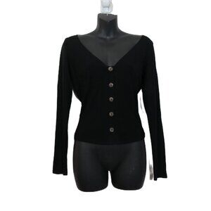 Reformation size Large Long Sleeve Rib Knit Top Button Detail V Neck Black